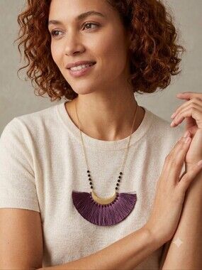 Purple Fan Tassel Crescent Moon Gold Chain Statement Necklace Long Boho Beaded.
